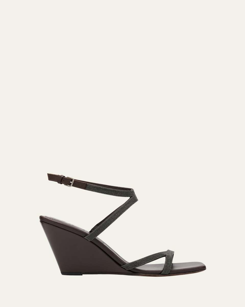 Leather Two Cross Strap Wedge Sandals